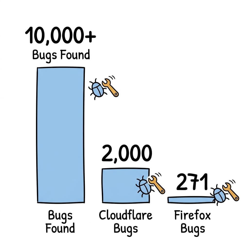 A bar chart infographic showing 10,000+ bugs found, Cloudflare 2,000, Firefox 271