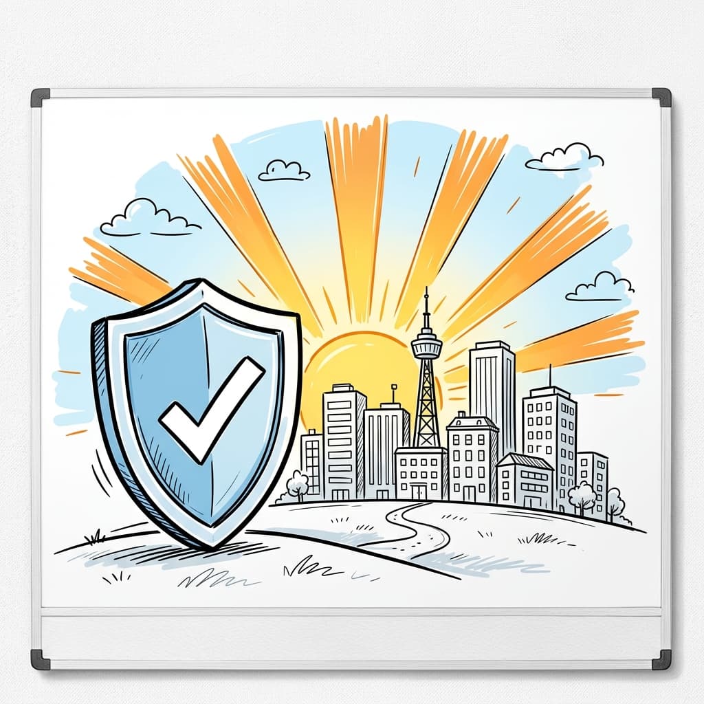 A sunrise over a city skyline with a shield standing guard
