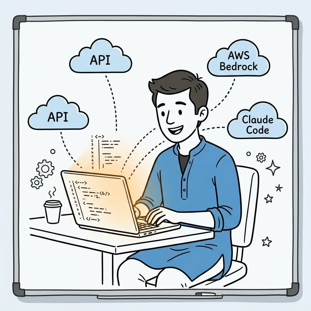 An Indian developer at a laptop connected to cloud services via dotted lines
