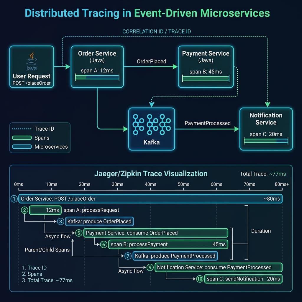 Distributed Tracing — correlation ID propagated through Kafka, Jaeger/Zipkin visualization