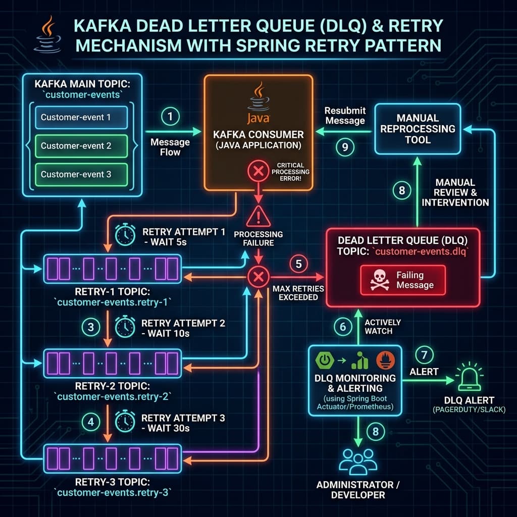 Kafka DLQ and Retry — retry topics with exponential backoff, then dead letter queue