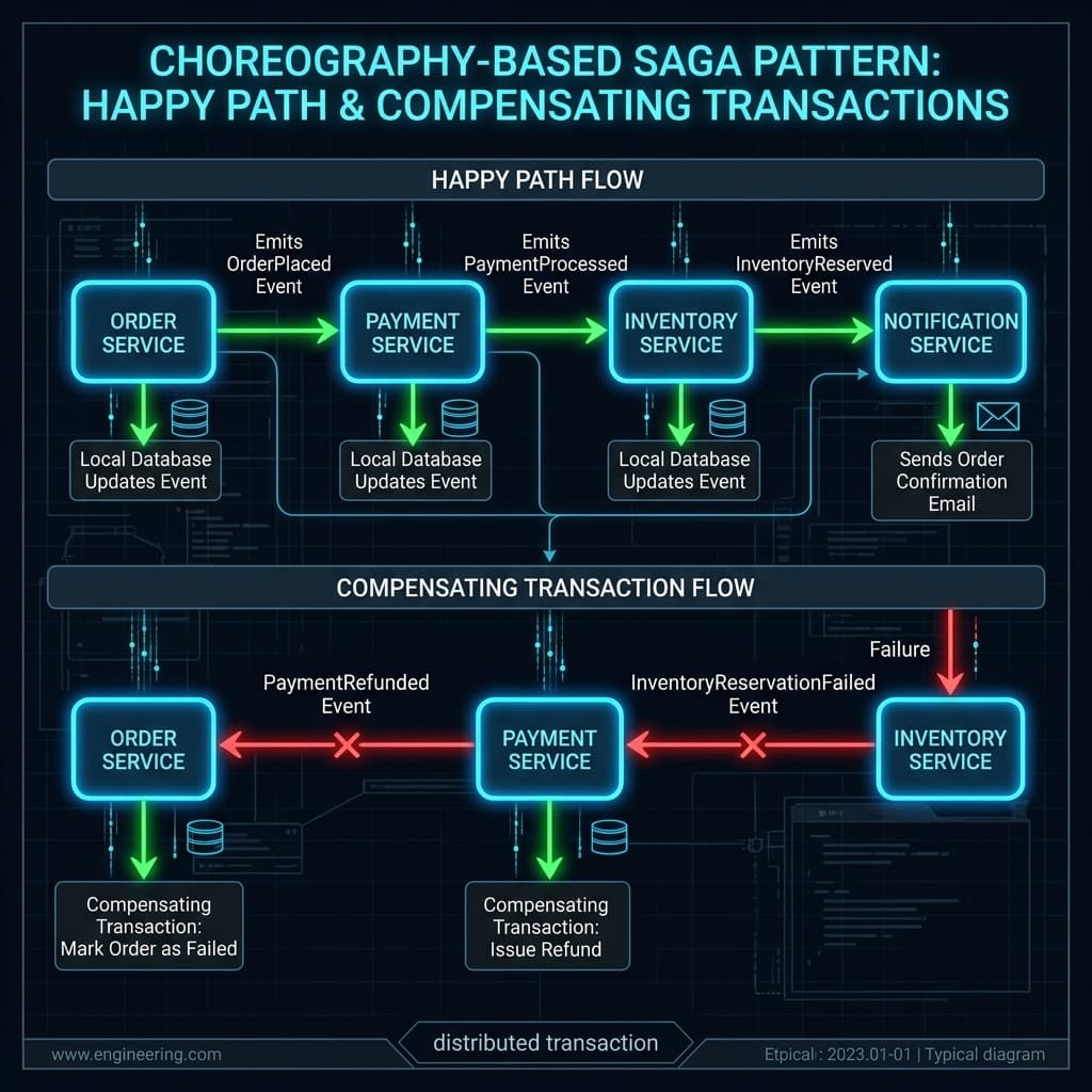 Choreography-based Saga — happy path and compensating transactions for distributed workflows