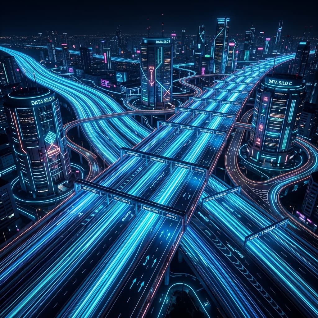 Kafka's distributed log architecture — a massive data highway with partitions and data silos