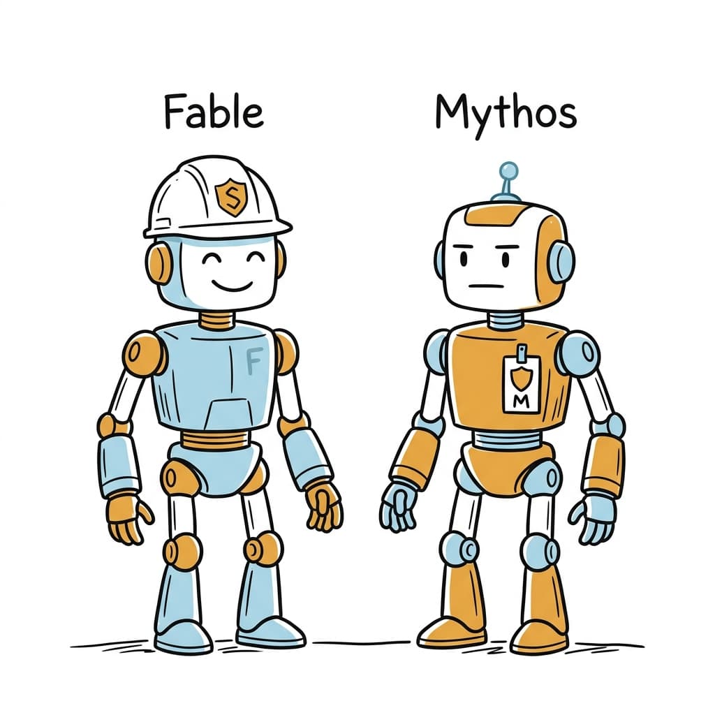 Two friendly AI robots — Fable wearing a safety helmet, Mythos wearing a security badge
