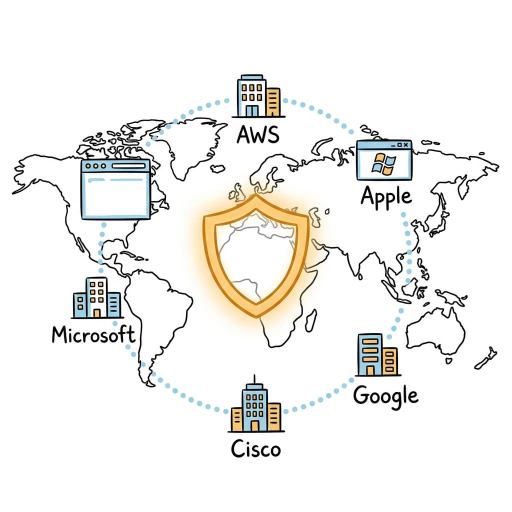 A world map connected by a glowing shield, with tech company buildings surrounding it