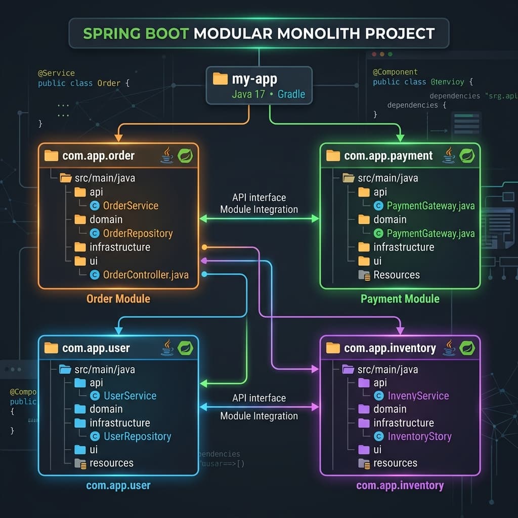 Spring Boot Modular Monolith — organized package structure with clear module boundaries